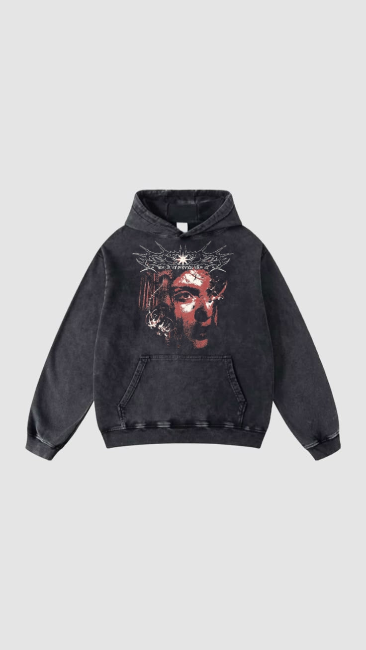 Vintage Washed Graphic Hoodie – Charcoal Black