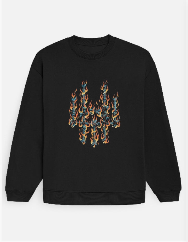 Black Sweatshirt with Flame Graphic Typography