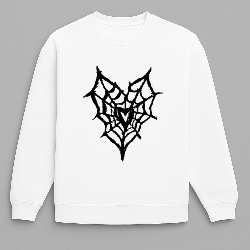 White Sweatshirt with Black Webbed Heart Graphic